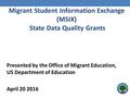 Migrant Student Information Exchange (MSIX) State Data Quality Grants Presented by the Office of Migrant Education, US Department of Education April 20.