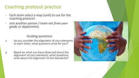 Coaching protocol practice Each team select a map (unit) to use for the coaching protocol. Join another person / team not from your grade or department.