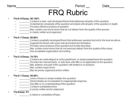 FRQ Rubric The 8–9 Essay: 90-100% –________ Contains a clear, well-developed thesis that addresses all parts of the question. –________ Understands complexity.