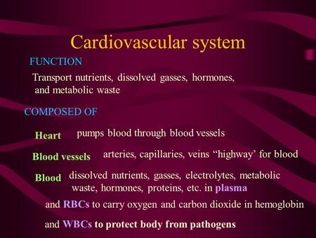 Cardiovascular system FUNCTION Transport nutrients, dissolved gasses, hormones, and metabolic waste COMPOSED OF Heart pumps blood through blood vessels.