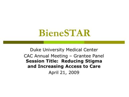 BieneSTAR Duke University Medical Center CAC Annual Meeting – Grantee Panel Session Title: Reducing Stigma and Increasing Access to Care April 21, 2009.