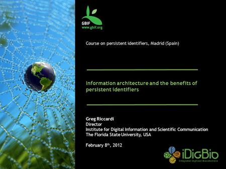 Course on persistent identifiers, Madrid (Spain) Information architecture and the benefits of persistent identifiers Greg Riccardi Director Institute for.