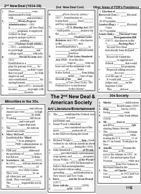 11E 1.More ____________ were implemented to help _________ with _________ and assistance. 2.______ (Works Progress Administration) – 1935 -It _____________.