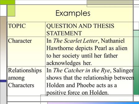 Examples TOPICQUESTION AND THESIS STATEMENT CharacterIn The Scarlet Letter, Nathaniel Hawthorne depicts Pearl as alien to her society until her father.