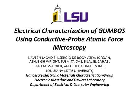 Electrical Characterization of GUMBOS Using Conductive-Probe Atomic Force Microscopy NAVEEN JAGADISH, SERGIO DE ROOY, ATIYA JORDAN, ASHLEIGH WRIGHT, SUSMITA.