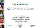 14–19 Team Steps to Success Options for Post 16 education and training Lindsey Piercy / Sue Gagg York Youth Support Services 24th October 2012.