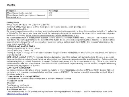CategoriesPercentage Major Grades: (tests, projects)65% Minor Grades: (bell ringers, quizzes, class work, home work, etc.) 35% GRADING Grading Scale 90-100.