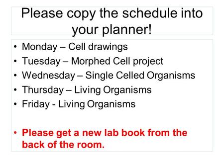 Please copy the schedule into your planner! Monday – Cell drawings Tuesday – Morphed Cell project Wednesday – Single Celled Organisms Thursday – Living.