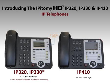 Introducing The IPitomy IP320, IP330 & IP410 IP Telephones IP410 2/3 Call/Line Keys 4 Call/Line Keys 3 rd Call Key IP330 IP320, IP330* * IP330 is exactly.