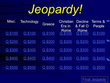 Jeopardy! Technology Misc. Decline & Fall O Rome Greece Christian Era in Rome Q $100 Q $200 Q $300 Q $400 Q $500 Final Jeopardy Terms & People Q $100 Q.