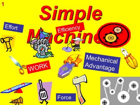 Simple Machines W O R K M e c h a n i c a l A d v a n t a g e Force Effort E f f i c i e n c y 1.