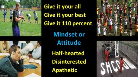 Give it your all Give it your best Give it 110 percent Mindset or Attitude Half-hearted Disinterested Apathetic.