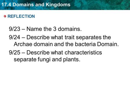 17.4 Domains and Kingdoms REFLECTION 9/23 – Name the 3 domains. 9/24 – Describe what trait separates the Archae domain and the bacteria Domain. 9/25 –