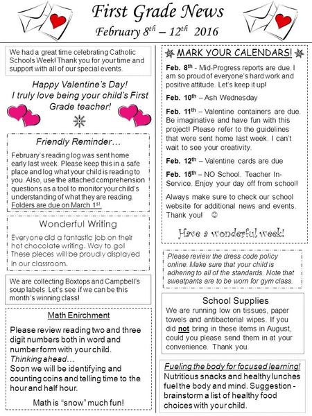 MARK YOUR CALENDARS! Feb. 8 th - Mid-Progress reports are due. I am so proud of everyone’s hard work and positive attitude. Let’s keep it up! Feb. 10 th.