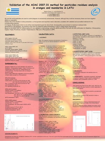 Validation of the AOAC 2007.01 method for pesticides residues analysis in oranges and mandarins in LATU Marina Torres (1) 1, Lucía Alcarraz 1 (2) 1 Laboratorio.