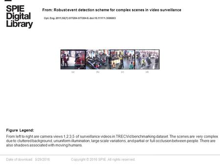 Date of download: 5/29/2016 Copyright © 2016 SPIE. All rights reserved. From left to right are camera views 1,2,3,5 of surveillance videos in TRECVid benchmarking.