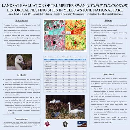 LANDSAT EVALUATION OF TRUMPETER SWAN (CYGNUS BUCCINATOR) HISTORICAL NESTING SITES IN YELLOWSTONE NATIONAL PARK Laura Cockrell and Dr. Robert B. Frederick.