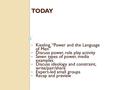 TODAY Kiesling, “Power and the Language of Men” Discuss power, role play activity Seven types of power, media examples Discuss ideology and constraint,