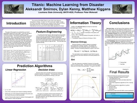 Www.postersession.com The goal of the project is to predict the survival of passengers based off a set of data. To do this we train a prediction system.