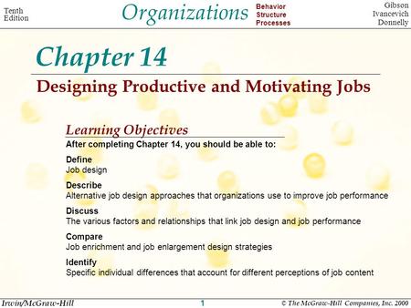 Organizations Behavior Structure Processes Tenth Edition Gibson Ivancevich Donnelly Irwin/McGraw-Hill © The McGraw-Hill Companies, Inc. 2000 1 Chapter.