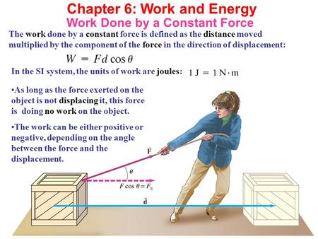 Work Done by a Constant Force The work done by a constant force is defined as the distance moved multiplied by the component of the force in the direction.