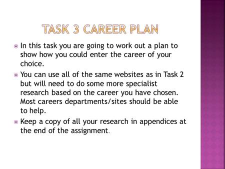  In this task you are going to work out a plan to show how you could enter the career of your choice.  You can use all of the same websites as in Task.