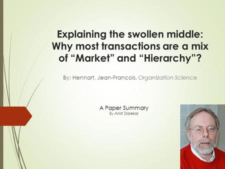 Explaining the swollen middle: Why most transactions are a mix of “Market” and “Hierarchy”? By: Hennart, Jean-Francois. Organization Science A Paper Summary.