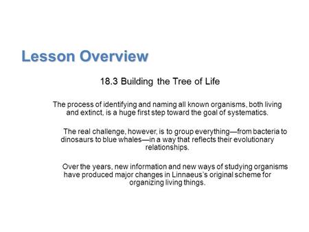 Lesson Overview Lesson Overview Building the Tree of Life Lesson Overview 18.3 Building the Tree of Life The process of identifying and naming all known.