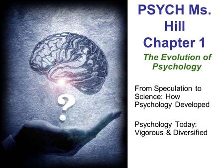 PSYCH Ms. Hill Chapter 1 The Evolution of Psychology From Speculation to Science: How Psychology Developed Psychology Today: Vigorous & Diversified.