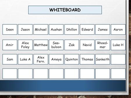 WHITEBOARD DeenJasonMichaelAushanDhillonEdwardJamesAaron Amir Alex Foley Matthew Sea- buloon Zak Navid Rhoed- mar Luke H SamLuke A Alex Fern. AmeyaQuintonThomasSankeith.