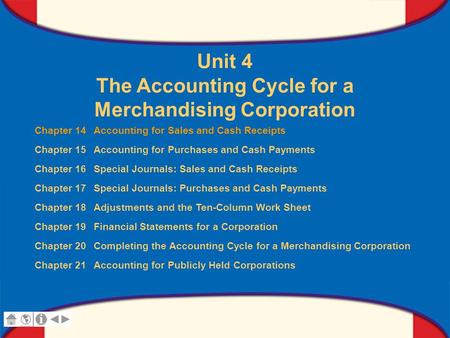 0 Glencoe Accounting Unit 4 Chapter 14 Copyright © by The McGraw-Hill Companies, Inc. All rights reserved. Unit 4 The Accounting Cycle for a Merchandising.