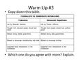 Warm Up #3 Copy down this table. Which one do you agree with more? Explain.