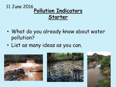 Pollution Indicators Starter What do you already know about water pollution? List as many ideas as you can. 11 June 2016.