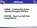 1 80319GS02 IMMC Graphics COBRA System COBRA – Collaboration Online Between Resupply Activities SYSTEM – Save Your Self Time Energy Money.