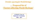 UNESCO ‘Year of Reflection’ Workshop, 2006 - 2007 Periodic reporting for World Heritage … Proposed list of ‘Factors affecting World Heritage’