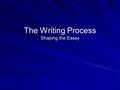 The Writing Process Shaping the Essay What is Shaping the Essay? It is the 2nd step in the writing process— between pre-writing and the first draft It.