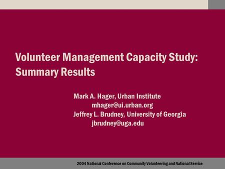 2004 National Conference on Community Volunteering and National Service Volunteer Management Capacity Study: Summary Results Mark A. Hager, Urban Institute.