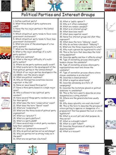 Political Parties and Interest Groups 1. Define a political party? 2. What three kinds of party systems are used? 3. Name the two major parties in the.