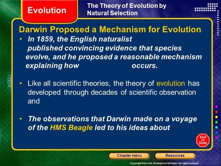 Copyright © by Holt, Rinehart and Winston. All rights reserved. ResourcesChapter menu Darwin Proposed a Mechanism for Evolution In 1859, the English naturalist.