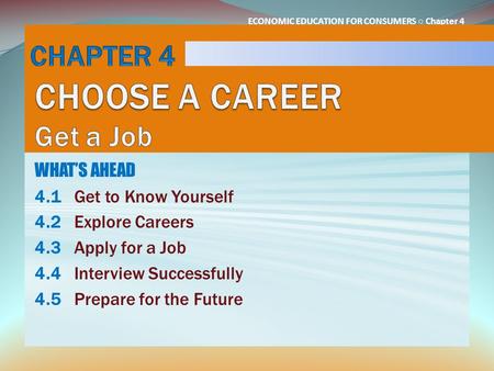 ECONOMIC EDUCATION FOR CONSUMERS ○ Chapter 4 WHAT’S AHEAD 4.1Get to Know Yourself 4.2Explore Careers 4.3Apply for a Job 4.4Interview Successfully 4.5Prepare.