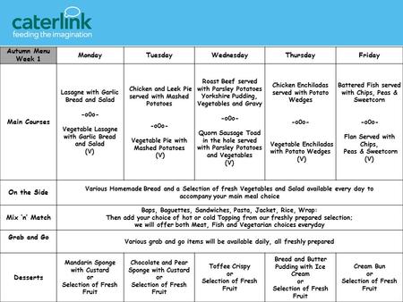 Autumn Menu Week 1 MondayTuesdayWednesdayThursdayFriday Main Courses Lasagne with Garlic Bread and Salad -o0o- Vegetable Lasagne with Garlic Bread and.