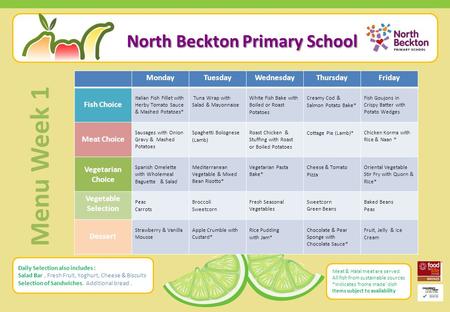 North Beckton Primary School North Beckton Primary School MondayTuesdayWednesdayThursdayFriday Fish Choice Italian Fish Fillet with Herby Tomato Sauce.