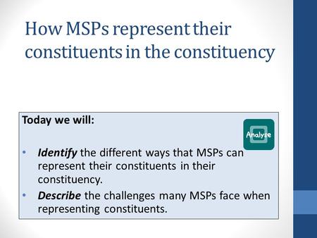 How MSPs represent their constituents in the constituency Today we will: Identify the different ways that MSPs can represent their constituents in their.