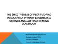 The Effectiveness of Peer Tutoring in Malaysian Primary ENGLISH AS A Second Language (ESL) Reading Classroom Mohd Hafiz Bin Mungin (P71716) Graduate Student.