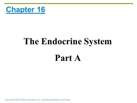 Copyright © 2006 Pearson Education, Inc., publishing as Benjamin Cummings Chapter 16 The Endocrine System Part A.