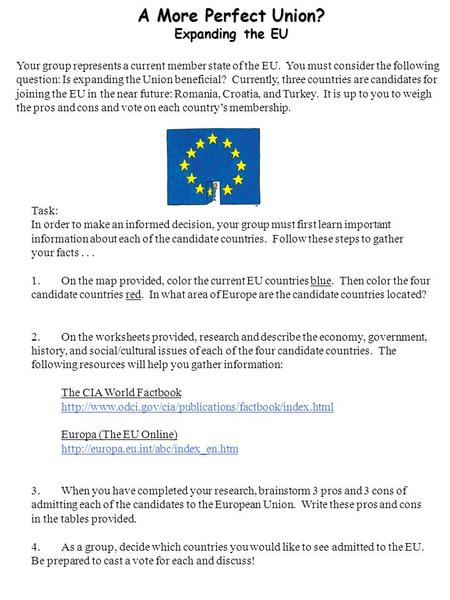 A More Perfect Union? Expanding the EU Your group represents a current member state of the EU. You must consider the following question: Is expanding the.