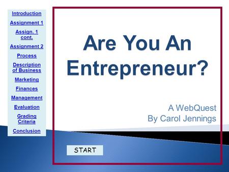 A WebQuest By Carol Jennings START Introduction Assignment 1 Assign. 1 cont. Assignment 2 Process Description of Business Marketing Finances Management.