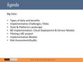 Agenda © 2015 | Tel: (980) 245-4454 |  Big Data: Types of data and benefits Implementation Challenges / Risks Tools & Platforms.