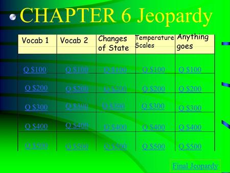 CHAPTER 6 Jeopardy Vocab 1Vocab 2 Changes of State Temperature Scales Q $100 Q $200 Q $300 Q $400 Q $500 Q $100 Q $200 Q $300 Q $400 Q $500 Final Jeopardy.