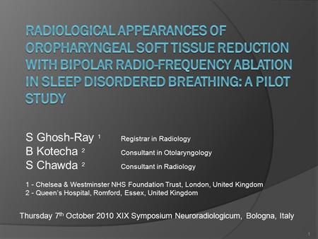 S Ghosh-Ray 1 Registrar in Radiology B Kotecha 2 Consultant in Otolaryngology S Chawda 2 Consultant in Radiology 1 - Chelsea & Westminster NHS Foundation.